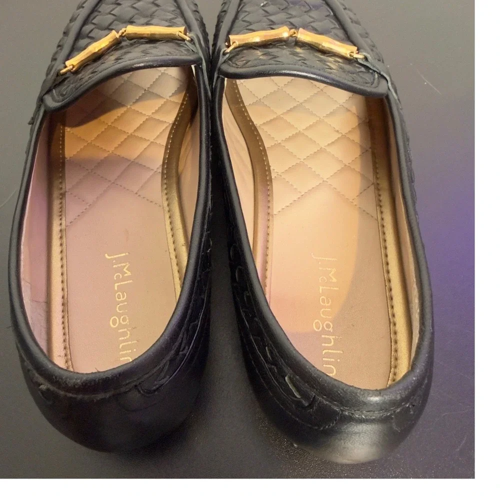 J. McLaughin Woven Leather Gold Horsebit Loafers Womens 6.5 Black Slip On Shoes